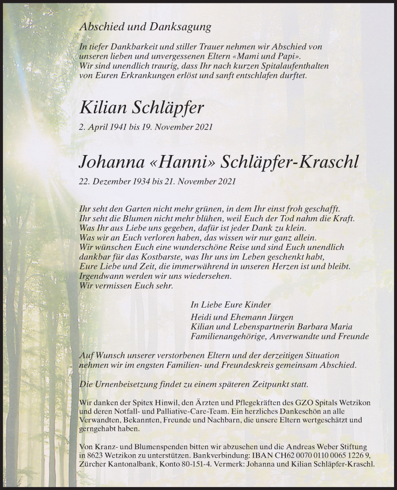  Traueranzeige für Johanna Schläpfer-Kraschl vom 24.11.2021 aus AvU