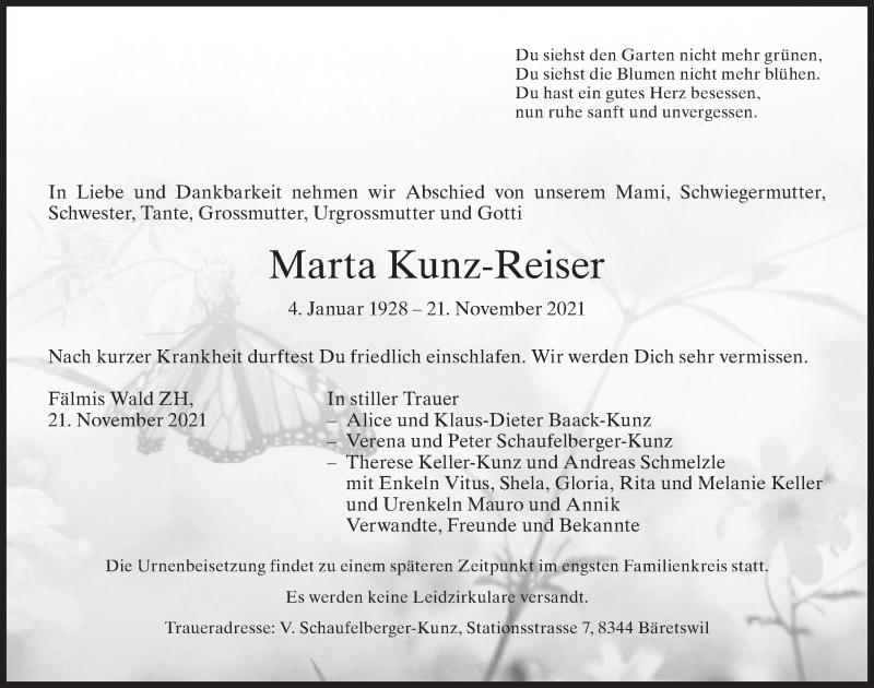  Traueranzeige für Marta Kunz-Reiser vom 24.11.2021 aus AvU