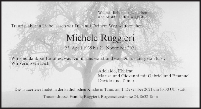  Traueranzeige für Michele Ruggieri vom 29.11.2021 aus AvU