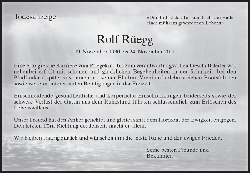  Traueranzeige für Rolf Rüegg vom 01.12.2021 aus AvU