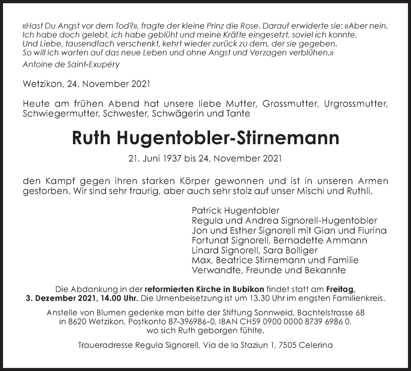  Traueranzeige für Ruth Hugentobler-Stirnemann vom 27.11.2021 aus AvU
