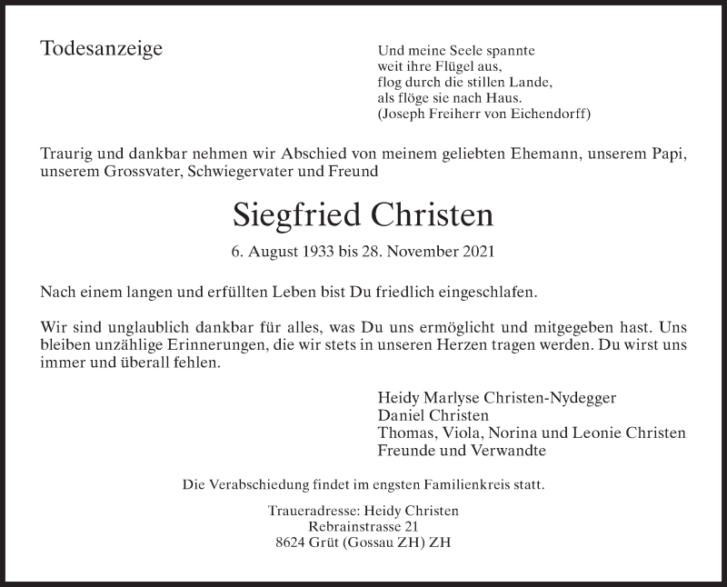  Traueranzeige für Siegfried Christen vom 01.12.2021 aus AvU