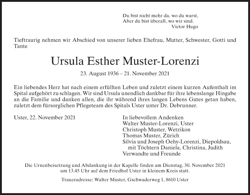  Traueranzeige für Ursula Esther Muster-Lorenzi vom 24.11.2021 aus AvU