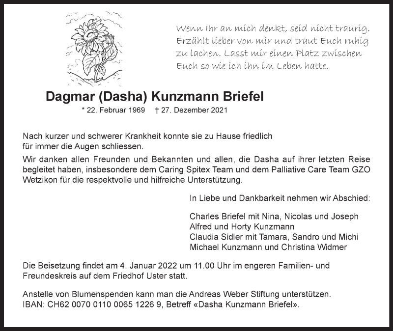  Traueranzeige für Dagmar Kunzmann Briefel vom 30.12.2021 aus AvU