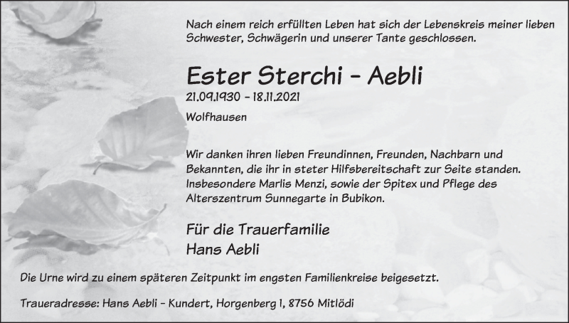  Traueranzeige für Ester  Sterchi-Aebli vom 08.12.2021 aus AvU