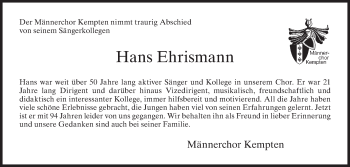 Traueranzeige von Hans Ehrismann von AvU