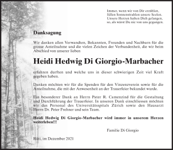Traueranzeige von Heidi Hedwig Di Giorgio-Marbacher von AvU