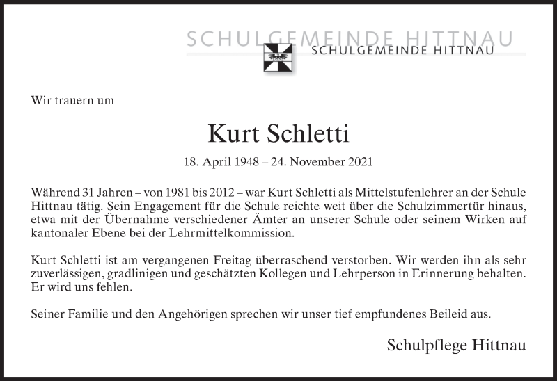  Traueranzeige für Kurt Schletti vom 03.12.2021 aus AvU