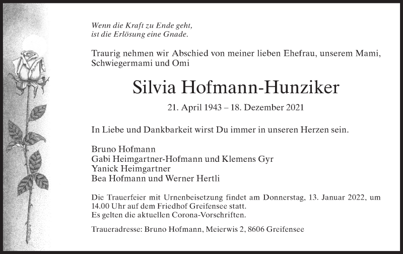  Traueranzeige für Silvia Hofmann-Hunziker vom 29.12.2021 aus AvU