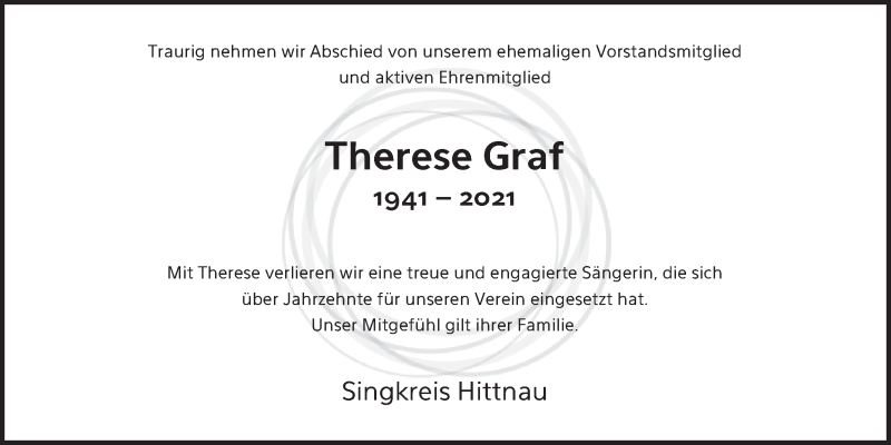  Traueranzeige für Therese Graf vom 15.12.2021 aus AvU