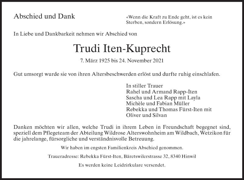  Traueranzeige für Trudi Iten-Kuprecht vom 08.12.2021 aus AvU
