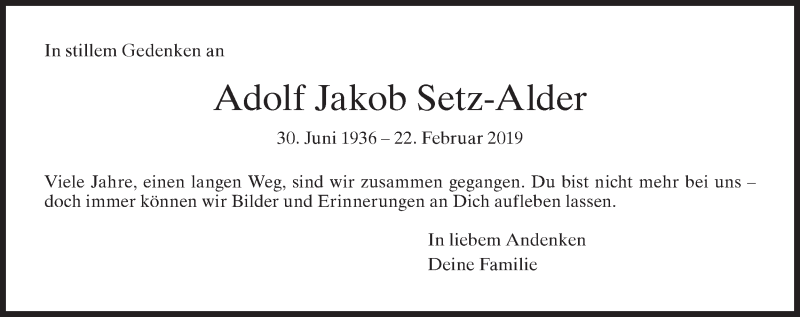  Traueranzeige für Adolf Jakob Setz-Alder vom 24.02.2021 aus AvU