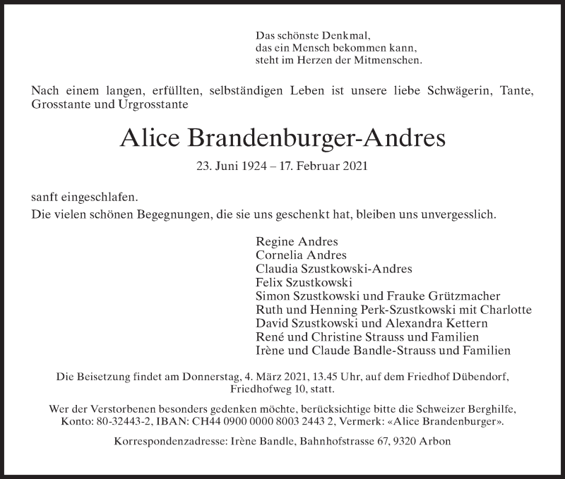  Traueranzeige für Alice Brandenburger-Andres vom 26.02.2021 aus GL solo
