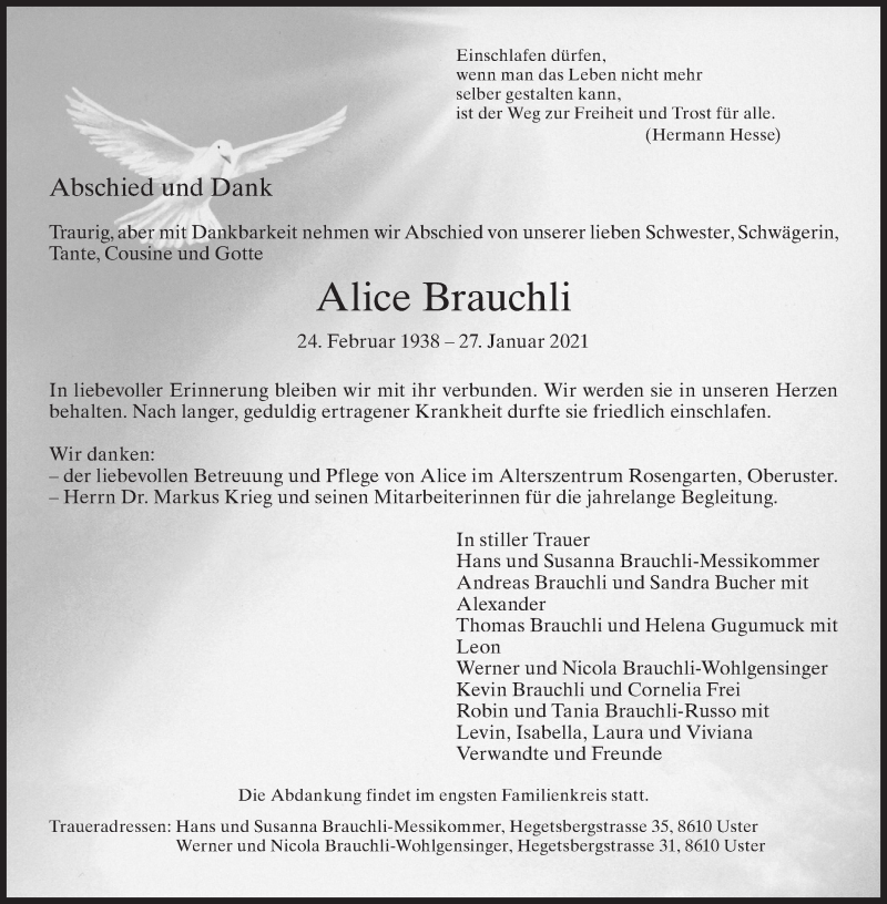  Traueranzeige für Alice Brauchli vom 17.02.2021 aus ZO solo