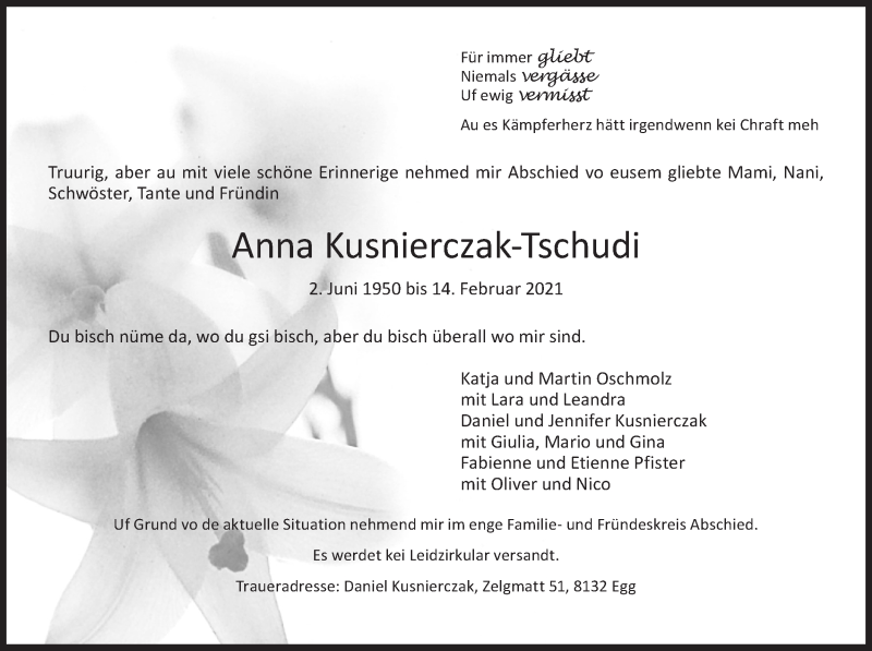  Traueranzeige für Anna Kusnierczak-Tschudi vom 17.02.2021 aus ZO solo