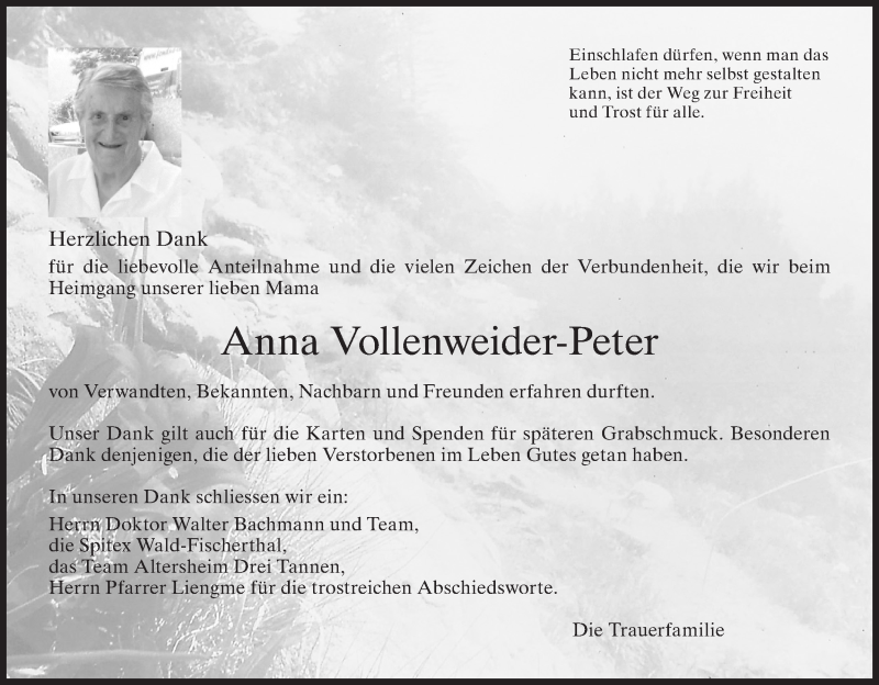  Traueranzeige für Anna Vollenweider-Peter vom 16.02.2021 aus AvU
