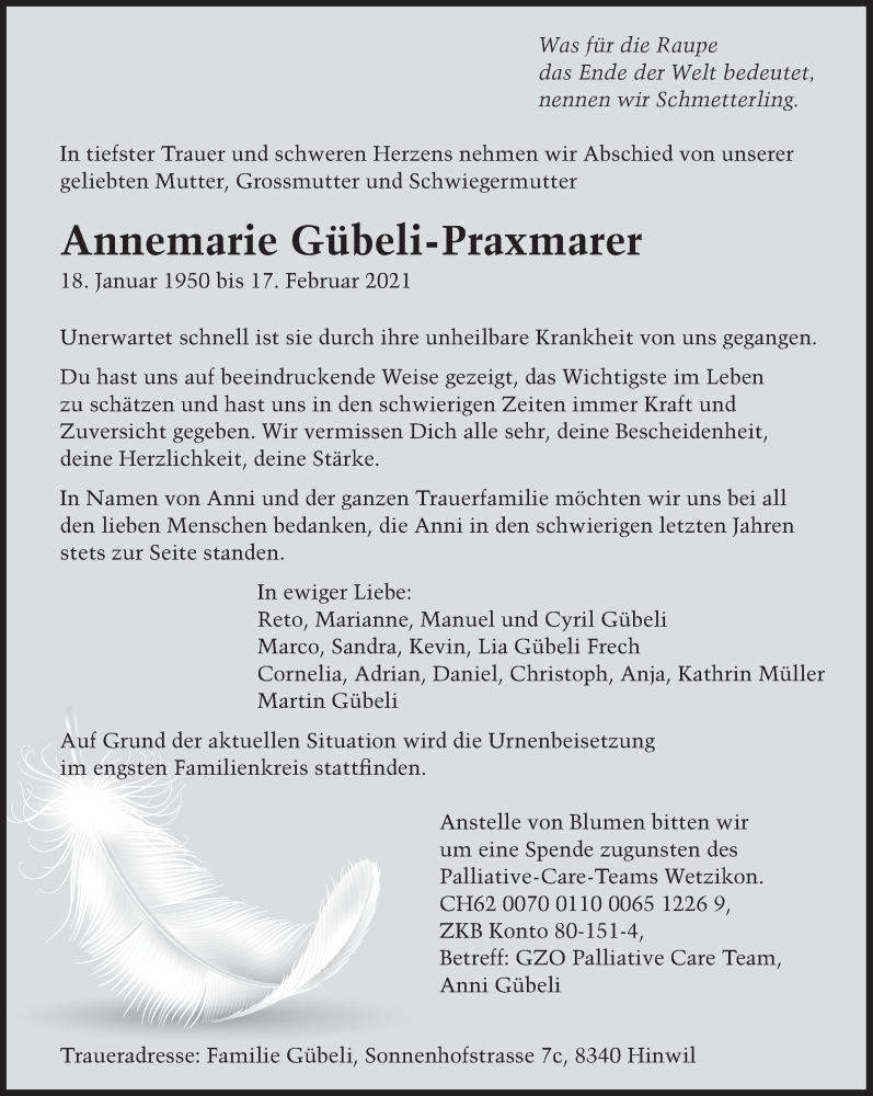  Traueranzeige für Annemarie Gübeli-Praxmarer vom 24.02.2021 aus AvU
