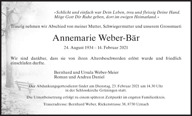  Traueranzeige für Annemarie Weber-Bär vom 17.02.2021 aus ZO solo