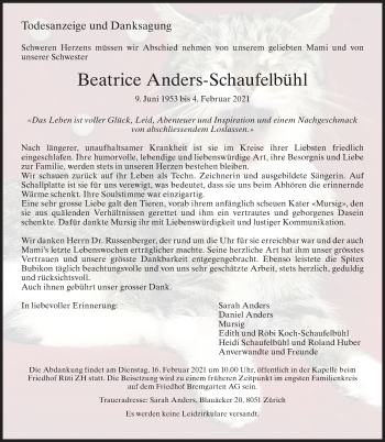 Traueranzeige von Beatrice Anders-Schaufelbühl von AvU