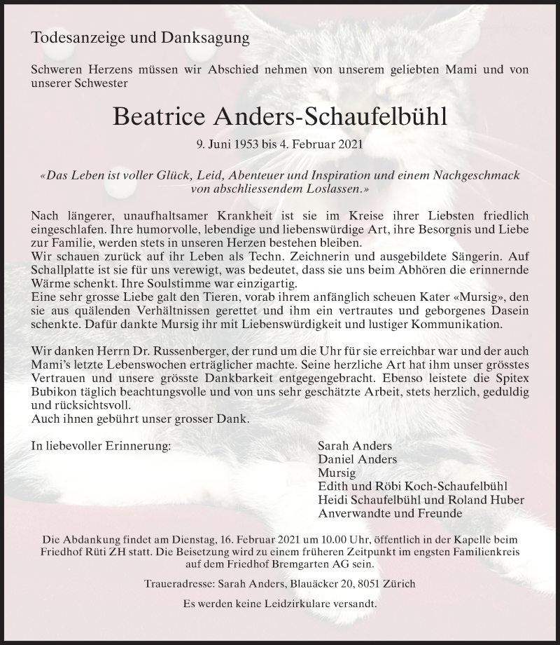  Traueranzeige für Beatrice Anders-Schaufelbühl vom 10.02.2021 aus AvU