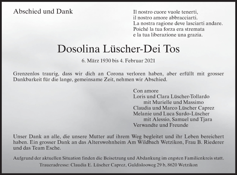  Traueranzeige für Dosolina Lüscher-Dei Tos vom 10.02.2021 aus AvU