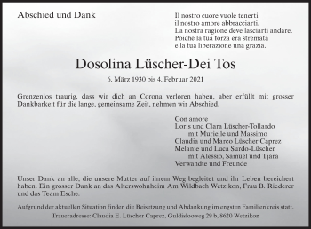 Traueranzeige von Dosolina Lüscher-Dei Tos von AvU