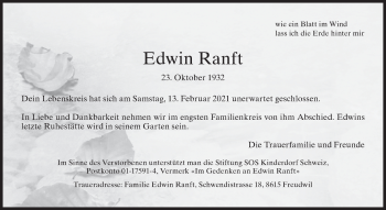 Traueranzeige von Edwin Ranft von AvU