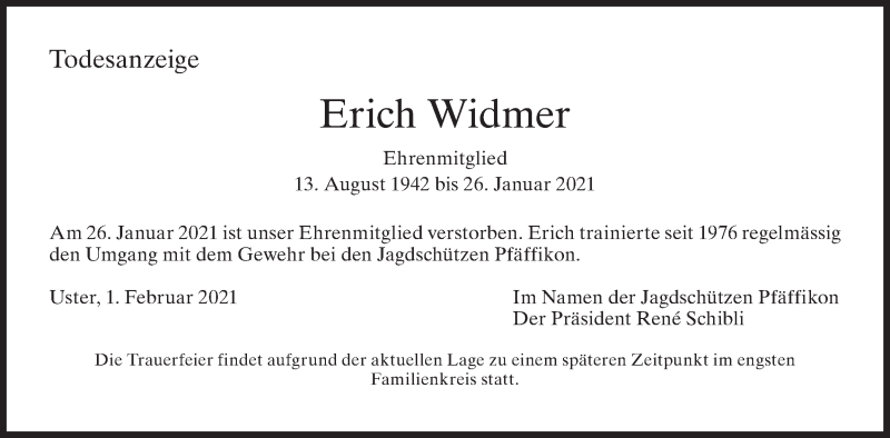  Traueranzeige für Erich  Widmer vom 03.02.2021 aus ZO solo
