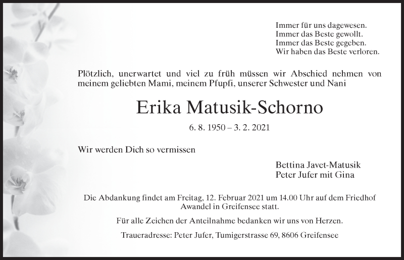  Traueranzeige für Erika Matusik-Schorno vom 10.02.2021 aus AvU