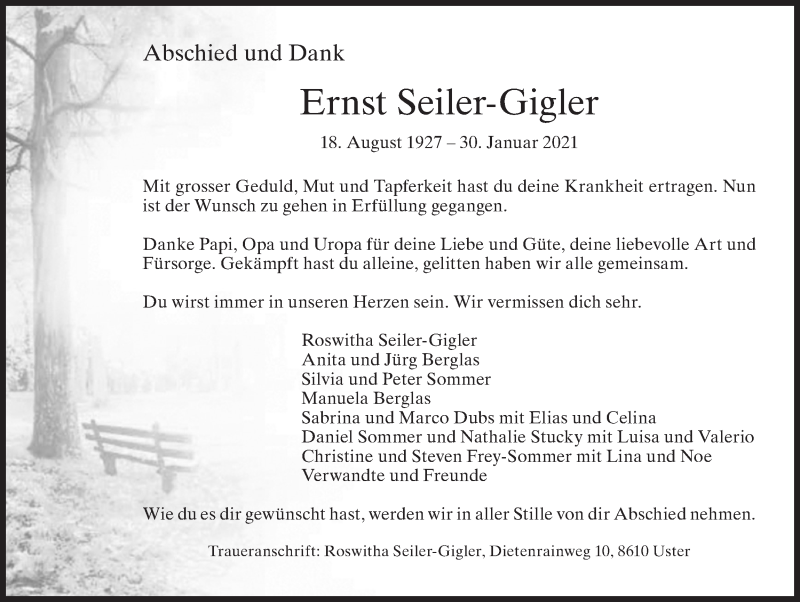  Traueranzeige für Ernst Seiler-Gigler vom 05.02.2021 aus AvU