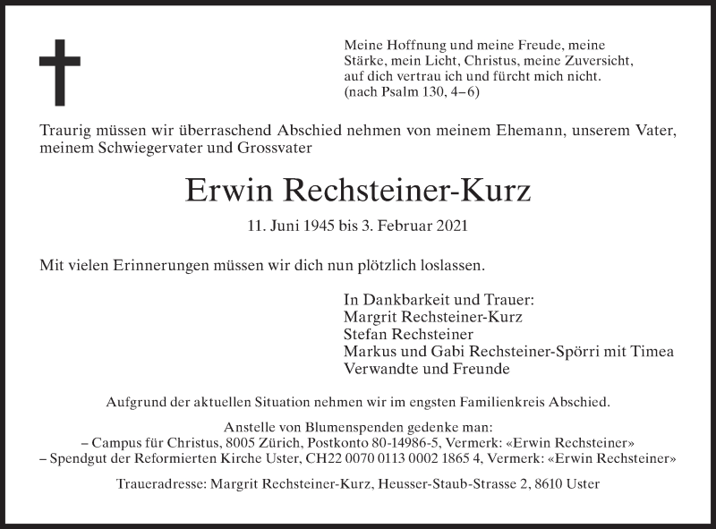  Traueranzeige für Erwin Rechsteiner-Kurz vom 10.02.2021 aus AvU