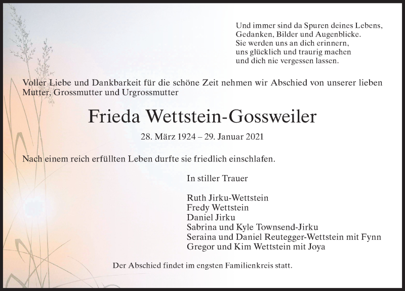  Traueranzeige für Frieda  Wettstein-Gossweiler vom 12.02.2021 aus VO solo