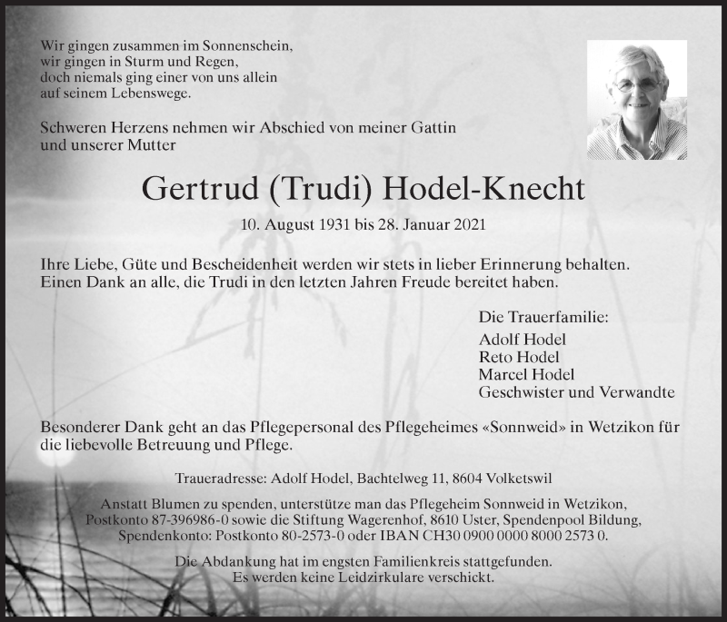  Traueranzeige für Gertrud Hodel-Knecht vom 08.02.2021 aus AvU