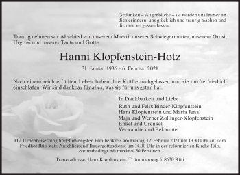 Traueranzeige von Hanni Klopfenstein-Hotz von AvU