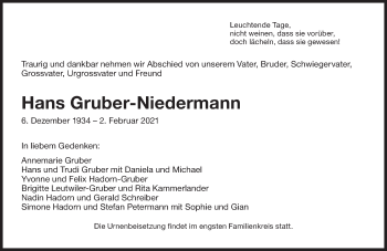 Traueranzeige von Hans Gruber-Niedermann von AvU