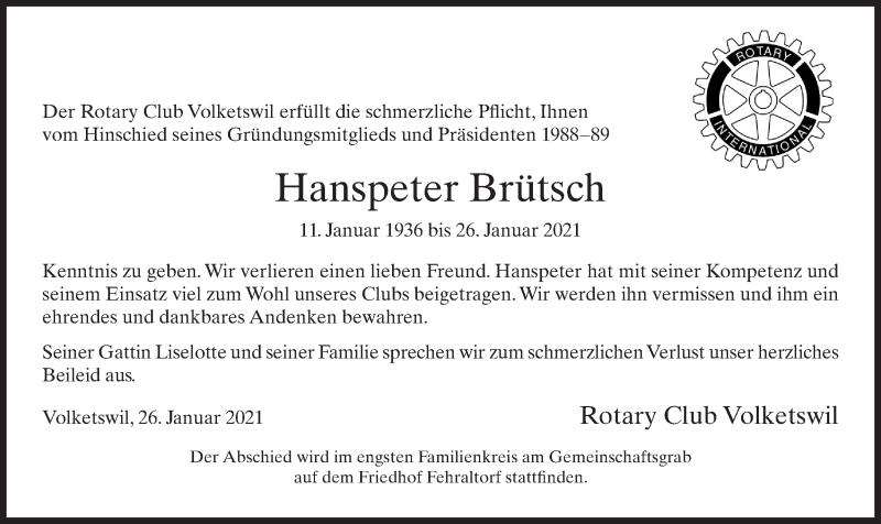  Traueranzeige für Hanspeter Brütsch vom 06.02.2021 aus AvU