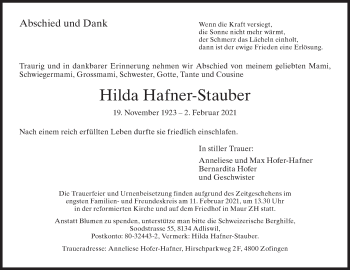 Traueranzeige von Hilda Hafner-Stauber von ZO solo