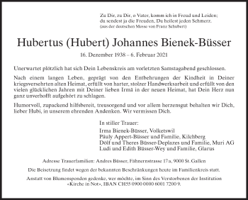 Traueranzeige von Hubertus Johannes Bienek-Büsser von ZO solo