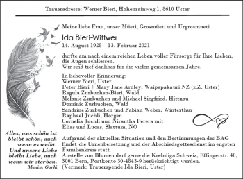 Traueranzeige von Ida Bieri-Wittwer von ZO solo
