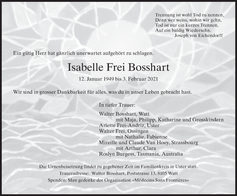  Traueranzeige für Isabelle  Frei Bosshart vom 11.02.2021 aus AvU