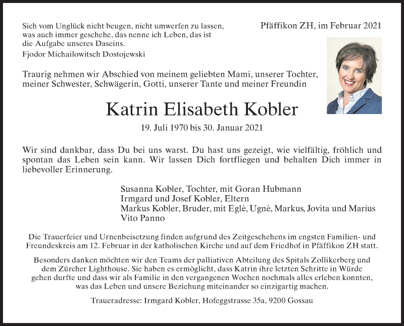  Traueranzeige für Katrin Elisabeth Kobler vom 03.02.2021 aus ZO solo