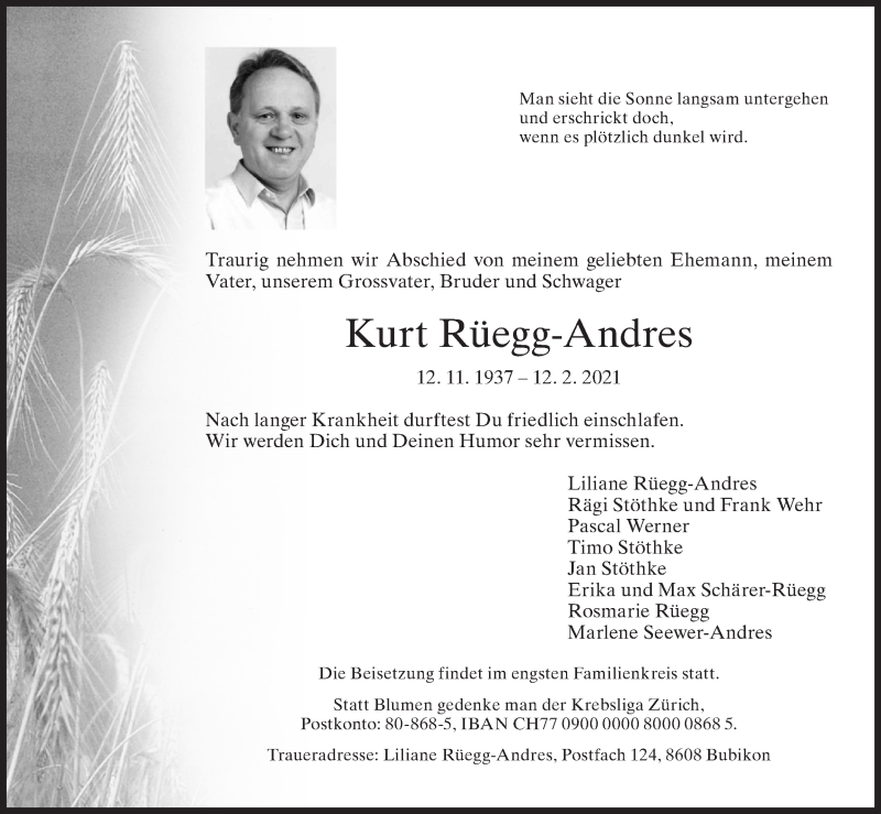  Traueranzeige für Kurt Rüegg-Andres vom 19.02.2021 aus AvU