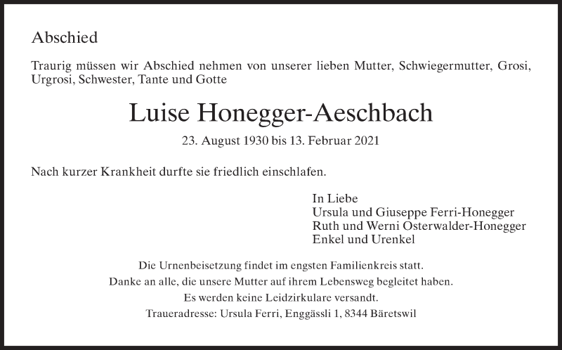  Traueranzeige für Luise Honegger-Aeschbach vom 23.02.2021 aus AvU