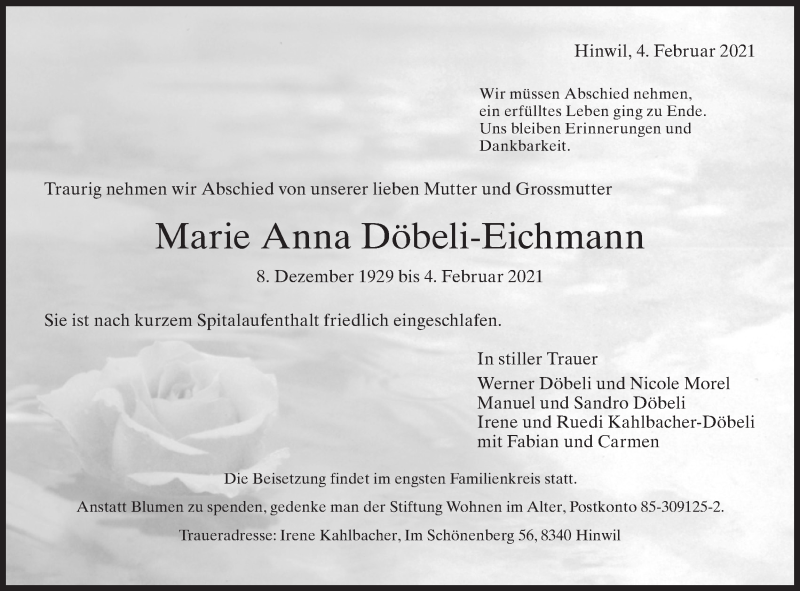  Traueranzeige für Marie Anna Döbeli-Eichmann vom 10.02.2021 aus AvU