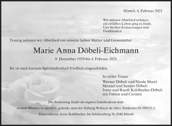 Traueranzeige von Marie Anna Döbeli-Eichmann von AvU