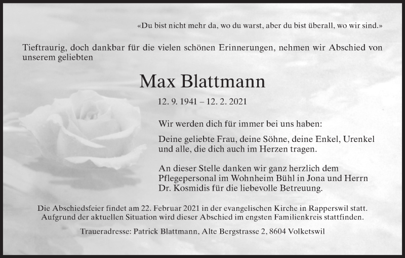  Traueranzeige für Max Blattmann vom 17.02.2021 aus ZO solo