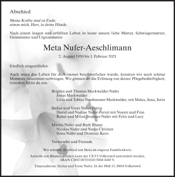 Traueranzeige von Meta Nufer-Aeschlimann von ZO solo