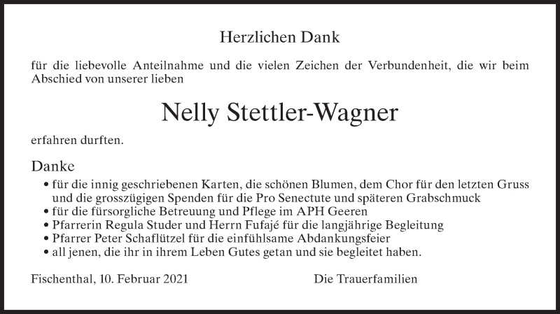  Traueranzeige für Nelly Stettler-Wagner vom 10.02.2021 aus AvU