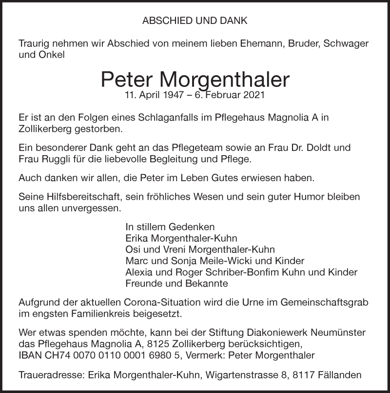  Traueranzeige für Peter Morgenthaler vom 12.02.2021 aus VO solo