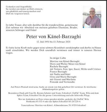 Traueranzeige von Peter von Känel-Barzaghi von ZO solo